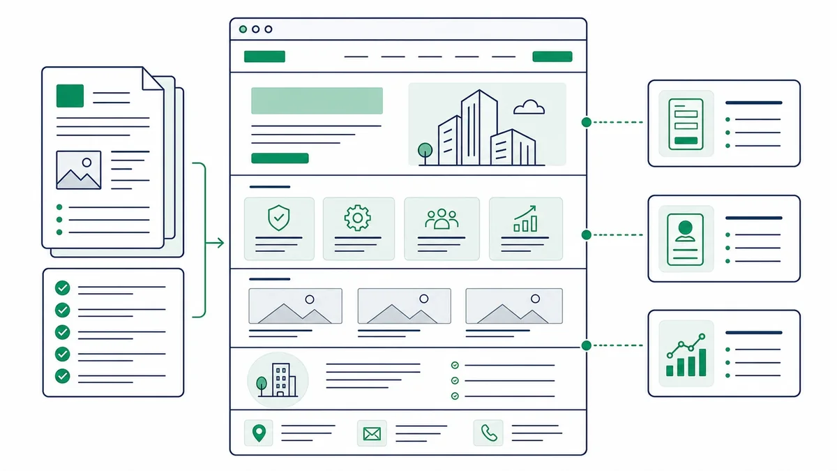Схема структуры корпоративного сайта с разделами, формой заявки, CRM и аналитикой