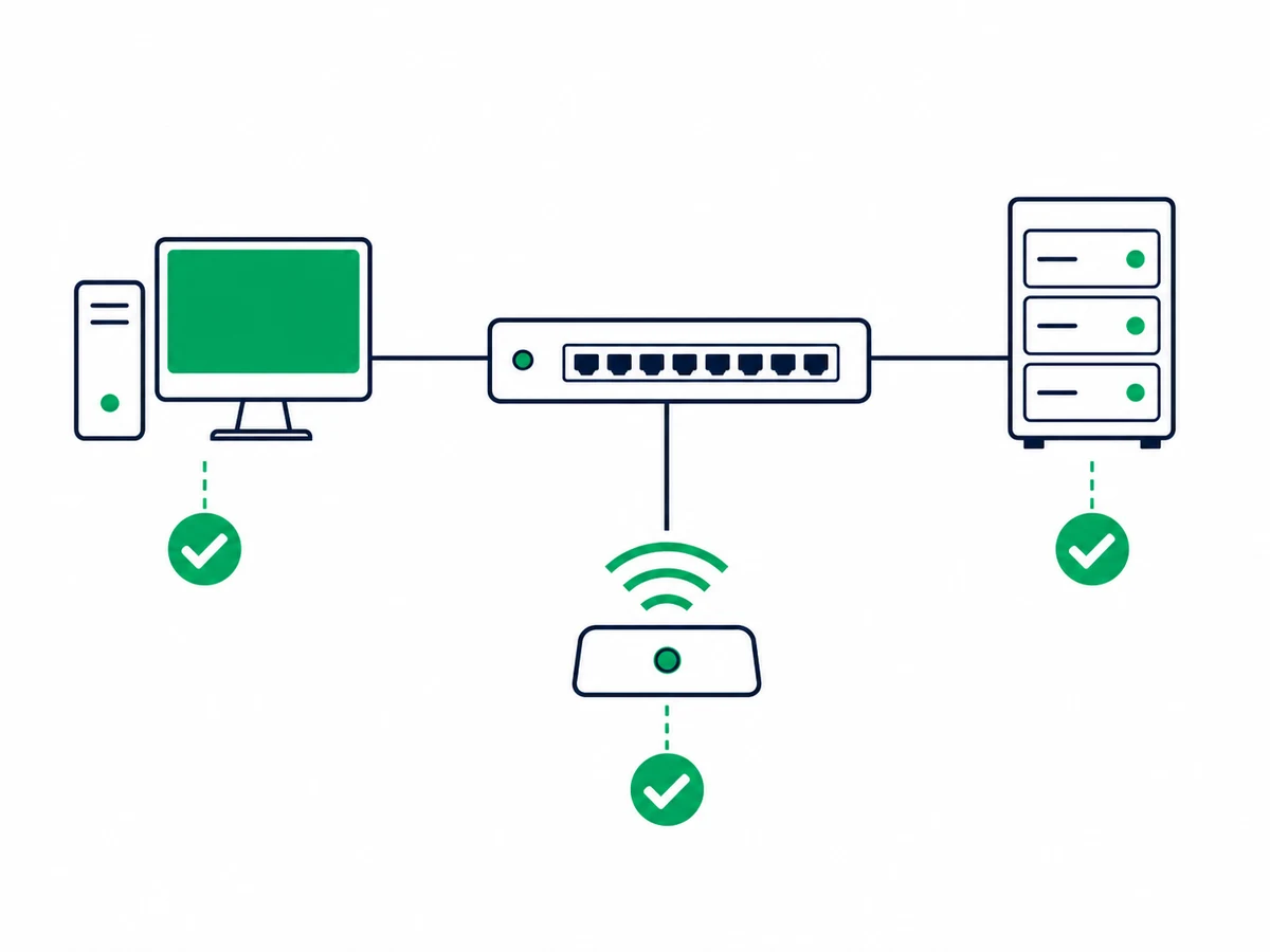 Сетевая схема с коммутатором, компьютером, Wi-Fi и сервером